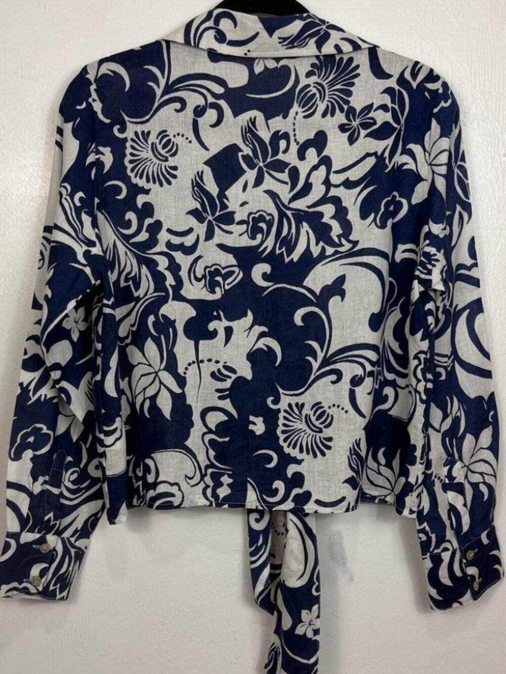 Christian Siriano Blue White Floral Tie Front Linen Blend Top Size L - Picture 4 of 6